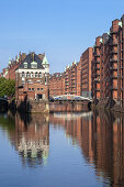 Moated castle Wasserschloss in quarter Speicherstadt at Wandrahmsfleet, Hanseatic City Hamburg, Northern Germany, Germany, Europe