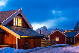 red wooden rorbu huts in fishing village Reine, Moskensoya, Lofoten Islands, Norway, Skandinavia, Europe