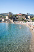 Die Burg und der Strand von Collioure, Côte Vermeille, Mittelmeer, Pyrénées Orientales, Occitanie, Languedoc-Roussillon, Frankreich