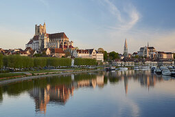 View across the river Yonne at Saint-Étienne Cathedral and Saint-Germain Abbey at Auxerre , Sunrise , Departement Yonne , Burgundy , France , Europe