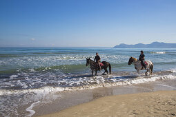 Menschen reiten auf Pferden ins Wasser am Strand Playa de Muro als Teil eines Reitausflugs vom Finca Predio Son Serra Hotel, nahe Can Picafort, Mallorca, Balearen, Spanien