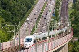 German Autobahn, A3, high speed train, rails, parallel, motorway, freeway, speed, speed limit, traffic, infrastructure, rail and road transport, Neustadt Wied, Germany