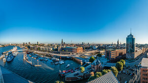 skyline of Hamburg with view to St. Michael's Church and the sport harbour, Hamburg, north Germany, Germany