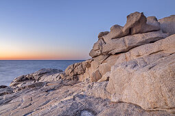 Rocky coast in evening light near Calvi, Corsica, Southern France, France, Southern Europe