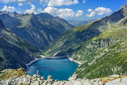 View to barrier lake Zillergrund, Reichenspitze group, Zillertal Alps, Tyrol, Austria