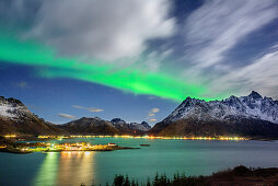 Aurora borealis, Aurora above bay of Vestpollen, Vestpollen, Lofoten, Norland, Norway