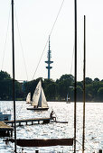 Sailing boats on lake Aussenalster with television tower in the background, Hamburg, Germany