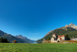 Crap da ass castle with Lake Silvaplana, Piz da la Margna and Piz Polaschin, Silvaplana, Engadine, Canton Grisons, Switzerland