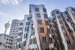 Building New Zollhof of architect Frank O. Gehry in Duesseldorf's Medienhafen, Duesseldorf, North Rhine-Westphalia, Germany, Europe
