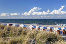 Beach chairs on the beach in Baltic resort Baabe, Island Ruegen, Baltic Sea coast, Mecklenburg-Western Pomerania, Northern Germany, Germany, Europe
