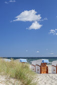 Beach and beach chairs in Baltic resort Baabe, Moenchgut, Island Ruegen, Baltic Sea coast, Mecklenburg-Western Pomerania, Northern Germany, Germany, Europe
