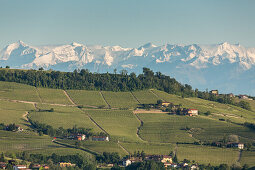 snow on the mountains, alps, vineyards in the Langhe landscape in Piedmont, Italy