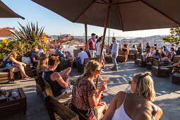 view from rooftop bar called Park on top of carpark deck Santa Catarina church, Bairro Alto, Lisbon, Portugal