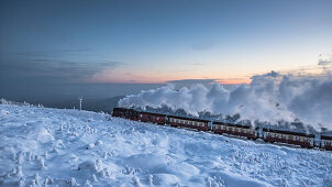Sunset and Brocken Railway, Winter landscape, Schierke, Brocken, Harz national park, Saxony, Germany