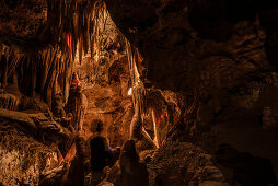 Stalactites and Stalagmites lit up in a cave, Grotte de Saint-Cezaire, Provence-Alpes-Cote d'Azur, France