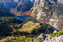 Königssee and St. Bartholomä, seen from Jenner, Berchtesgadener Land, Bavaria, Germany, Europe