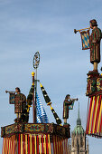 Detail of decorations on the Augustiner beer tent, St. Paul in the background, Oktoberfest, Munich, Upper Bavaria, Bavaria, Germany