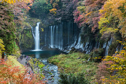 Shiraito waterfalls from above with tourists in autumn, Fujinomiya, Shizuoka Prefecture, Japan