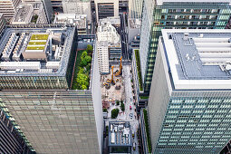 Blick Richtung Yuito, Coredo Muromachi und Fukotoku Schrein von oben, Nihonbashi, Chuo-ku, Tokio, Japan
