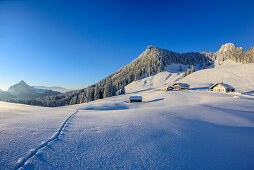 Snow covered meadows with alpine huts and Heuberg in background, Heuberg, Chiemgau Alps, Chiemgau, Upper Bavaria, Bavaria, Germany