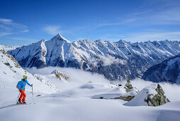 Woman backcountry skiing ascending towards Nestspitze, Dristner in background, Nestspitze, Zillertal, Zillertal Alps, Tyrol, Austria