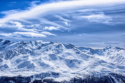 Foehn clouds above Falbanairspitze, Rabenkopf and Danzebell, from Grosser Schafkopf, valley Langtauferer Tal, Oetztal Alps, Vinschgau, South Tyrol, Italy