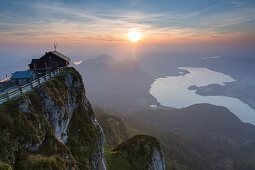 Sunset at Mount Schafberg, view to Lake Mondsee, St. Wolfgang, Upper Austria, Austria, Europe