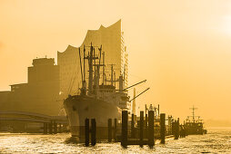 Sonnenaufgang im Hamburger Hafen mit Blick auf das Museumsfrachtschiff Cap San Diego und die Elbphilharmonie, Hamburg, Deutschland