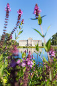 Schloss Ludwigslust, von vorn, See, Blumen, Mecklenburgische Seen, Mecklenburgisches Seenland, Ludwigslust, Mecklenburg-Vorpommern, Deutschland, Europa