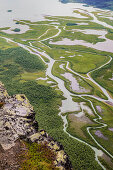 View from Skierffe mountain on to Rapadalen/Laidaure Delta, Sarek national park, Laponia, Lappland, Sweden. Trekking on Kungsleden