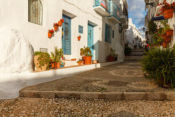 Gasse, blaue Tür, Frigiliana, pueblo blanco, weißes Dorf, Provinz Malaga, Andalusien, Spanien, Europa