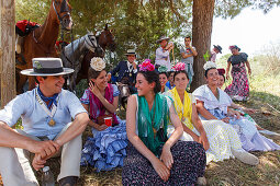 Pilgrims having a rest, El Rocio, pilgrimage, Pentecost festivity, Huelva province, Sevilla province, Andalucia, Spain, Europe