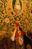 Boy with Simpecado, Marian symbol, standard, return to Sevilla, El Rocio, pilgrimage, Pentecost festivity, Huelva province, Sevilla province, Andalucia, Spain, Europe
