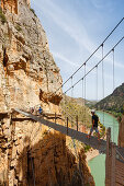 hikers crossing the bridge on the Caminito del Rey, via ferrata, hiking trail, gorge, Rio Guadalhorce, river, Desfiladero de los Gaitanes, near Ardales, Malaga province, Andalucia, Spain, Europe