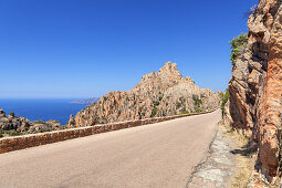 Small road in the Calanche, west coast between Porto and Piana, West Corsica, Corsica, Southern France, France, Southern Europe, Europe