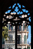 View out of the window of the historical building Llotja dels Mercaders at a splendid hous in the old town, Palma de Mallorca, Mallorca, Spain