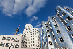Televison tower and Neuer Zollhof (Architect: F.O. Gehry), Medienhafen, Duesseldorf, North Rhine-Westphalia, Germany
