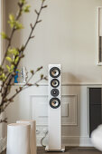 loudspeakers in a modern furnished Art Nouveau apartment in Hamburg, north Germany, Europe