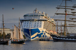 Cruise ship and traditional sailing ship at the Hanse Sail Rostock, Warnemuende, Mecklenburg Vorpommern, Germany
