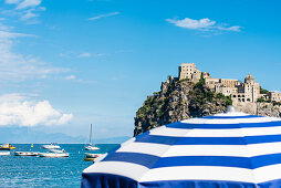 The fortress Castello Aragonese on a rock island in Ischia Ponte, Ischia, the Gulf of Naples, Campania, Italy