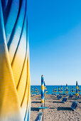 Sunshades on the empty sandy beach, Vietri sul Mare, Amalfi Coast, Campania, Italy