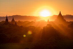 Silhouette of pagodas and stupas seen from Shwesandaw Pagoda at sunset, Bagan, Mandalay, Myanmar