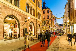 View up the Christmas pedestrian zone of Stockholm, Stockholm, Sweden