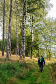 Landscape and hikers near Hackeberga, Skaneleden trail, forest Hackeberga, Skane, Southern Sweden, SwedenSüdschweden, Schweden
