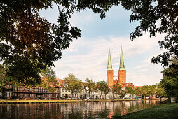 UNESCO World Heritage Hanseatic Town Luebeck, view across the river Trave towards Luebeck cathedral, Schleswig-Holstein, Germany