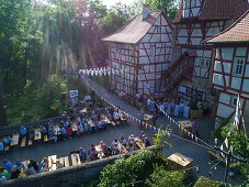 Aerial of Weinfest am Rödelseer Tor wine festival, Iphofen, Fränkisches Weinland, Franconia, Bavaria, Germany