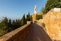 Fußweg mit Aussichtspunkt hinter dem Dom, Zypressen, Via del Amore, Gasse, Blick über das Tal, Val d´Orcia, Pienza, Toskana, Italien, Europa