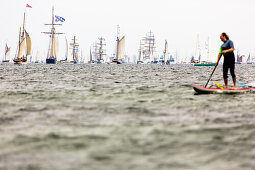 sailingship, sailingships, SUP, stand up padling, Windjammerparade, Kiel Week, Baltic Sea, Kiel, Kiel fjord, Schleswig Holstein, Germany