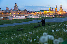 Spaziergang am Elbufer, Stadtpanorama, Skyline, Panorama, Altstadt, Canaletto-Blick über die Elbe auf Brühlsche Terrasse, Dampfschiff, Dampfschiffe, Anlegestelle, Residenzschloss, Hausmannsturm, Hofkriche, Albertbrücke, Dresden, Sachsen, Deutschland, Euro