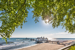 Pier in back light, Sellin, Ruegen Island, Mecklenburg-Western Pomerania, Germany